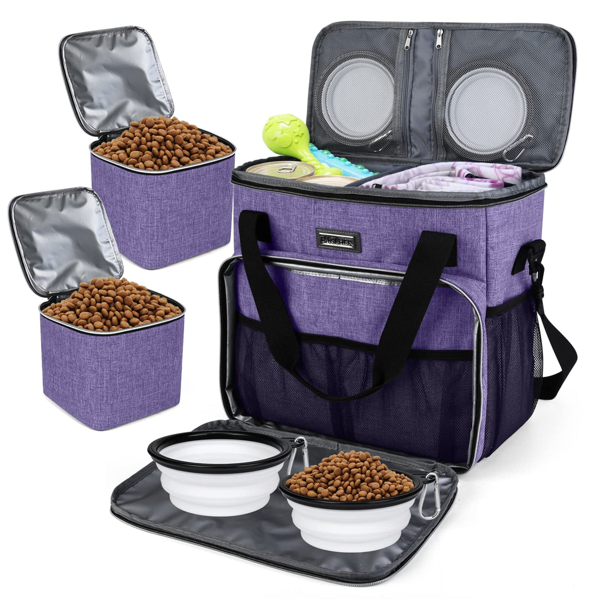 BAGLHER Pet Travel Set Airline-Approved Carrier for Small/Medium Cats & Dogs + Travel Bag with Food Containers & Silicone Bowls, Grey & Green