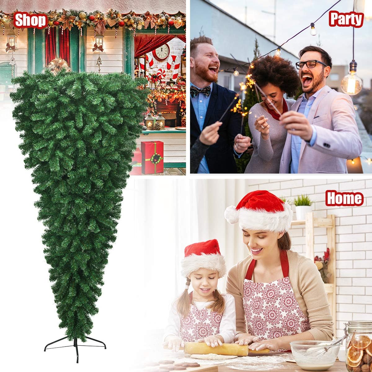 Goplus 7ft Upside Down Christmas Tree, Artificial Xmas Tree with Metal Stand, 1000 Branch Tips, Green Inverted PVC Tree for Indoor Outdoor Holiday Decoration