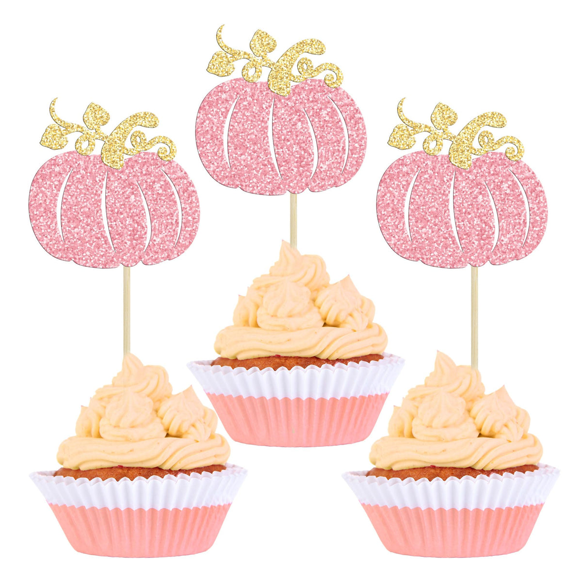 24pc Little Pumpkin Cupcake Toppers - Glitter Pumpkin Cupcake Picks - Baby Shower Decorations - Fall Harvest Theme - Kids Birthday Party Supplies