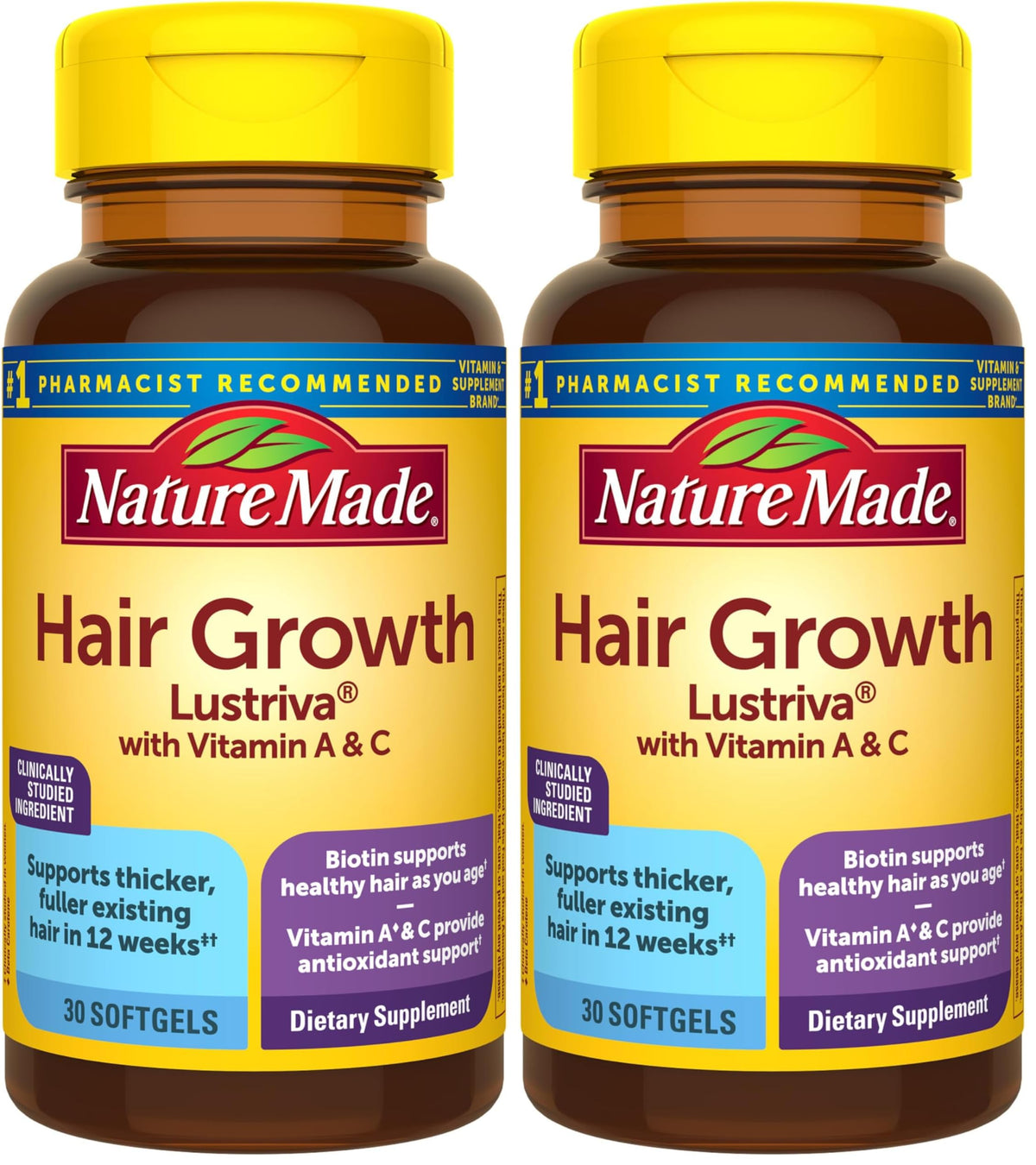 Nature Made Hair Growth Softgels, Clinically Studied Lustriva + Biotin, Vitamin C & A, Hair Growth Vitamins - Support Healthy Hair as You Age, 30 Softgels, 30 Day Supply