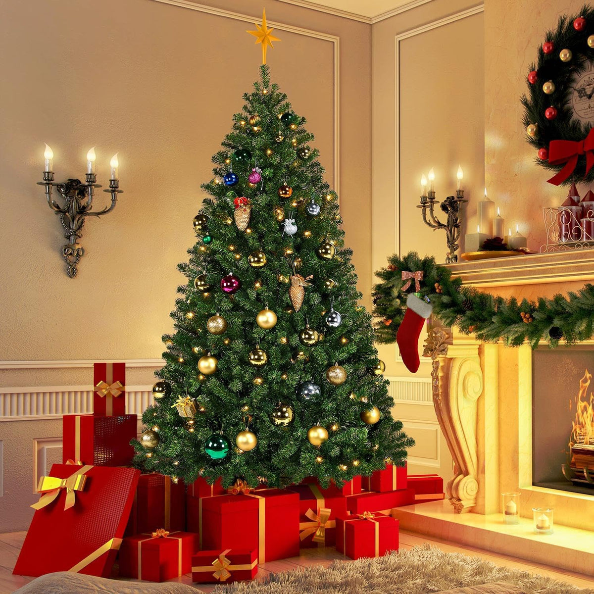 Yaheetech 6ft Pre-lit Christmas Tree with 300 Warm White Lights, Green