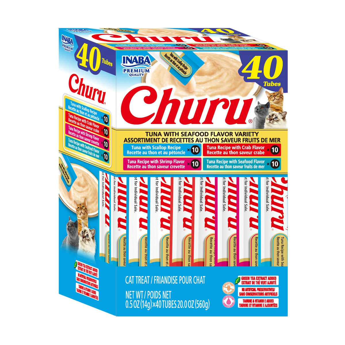 INABA Churu Cat Treats, Lickable, Squeezable Creamy Purée Cat Treat with Green Tea Extract & Taurine, 0.5 Ounces Each Tube, 20 Tubes, Tuna Variety