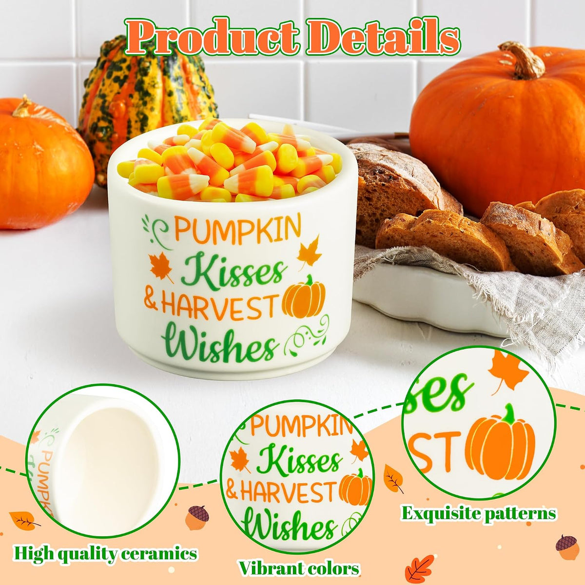 WATINC Fall Autumn Candy Dish Mini Ceramic Candy Bowl Tiered Tray Decor, Pumpkin Maple Leaves Sweets Table Shelf Decorations, Farmhouse Harvest Wishes Accents for Thanksgiving House (4.3 x 3.5 Inches)
