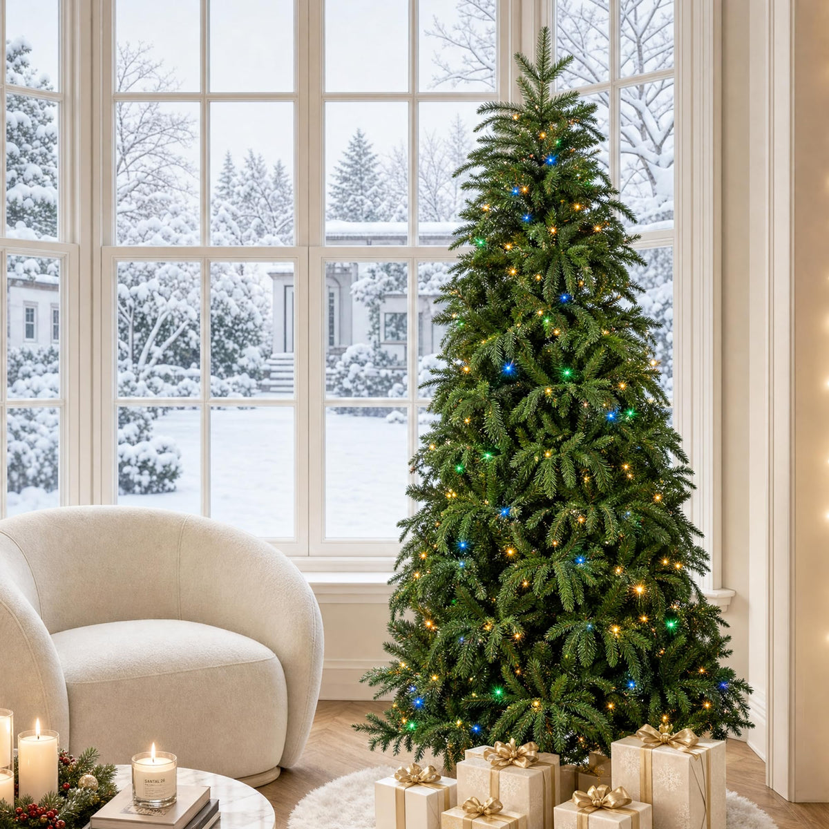 Glitzhome 15ft Prelit Artificial Christmas Tree, Vibrant Evergreen Fir with 5,000 Warm White/Multi-Color Chasing and Twinkling Lights, 13,459 PE&PVC Branch Tips, 9 Function w/Foot Pedal, Simple Setup