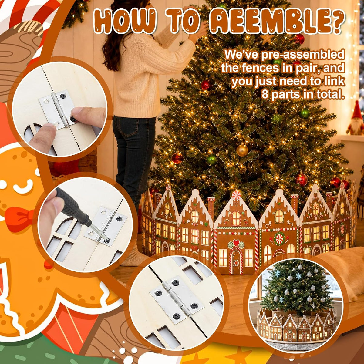 30 Inch Wooden Gingerbread House Christmas Tree Collar with Lights
