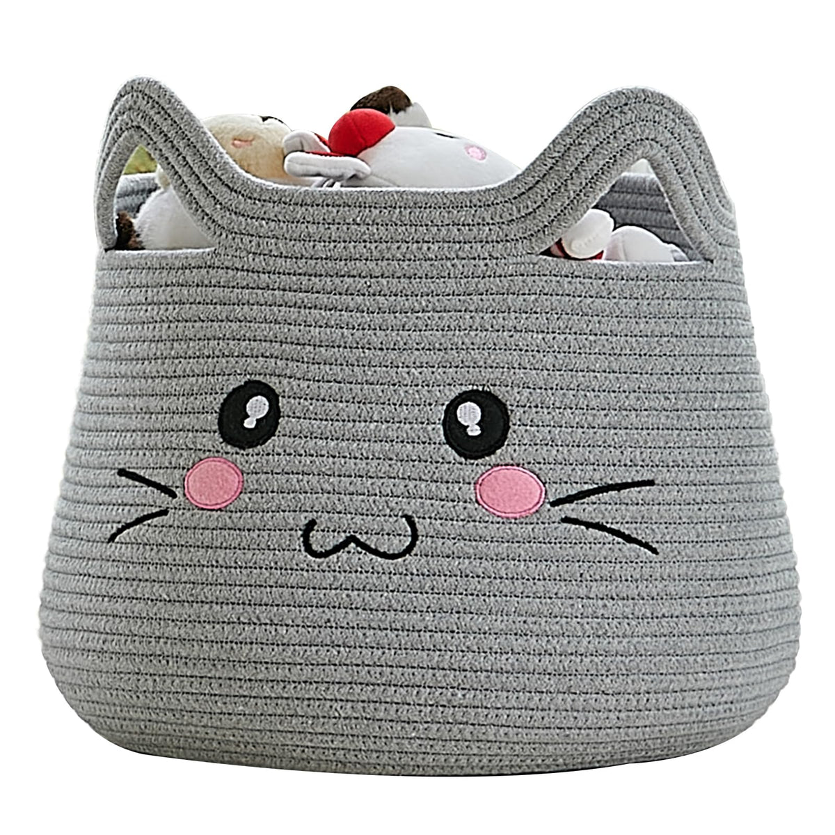 VK VK·LIVING Animal Baskets Large Woven Cotton Rope Storage with Cute Cat Design Laundry Organizer for Towels, Blanket, Toys, Clothes, Gifts – Cat Toy Box Pet or Baby Gift Baskets 15"Lx14H"