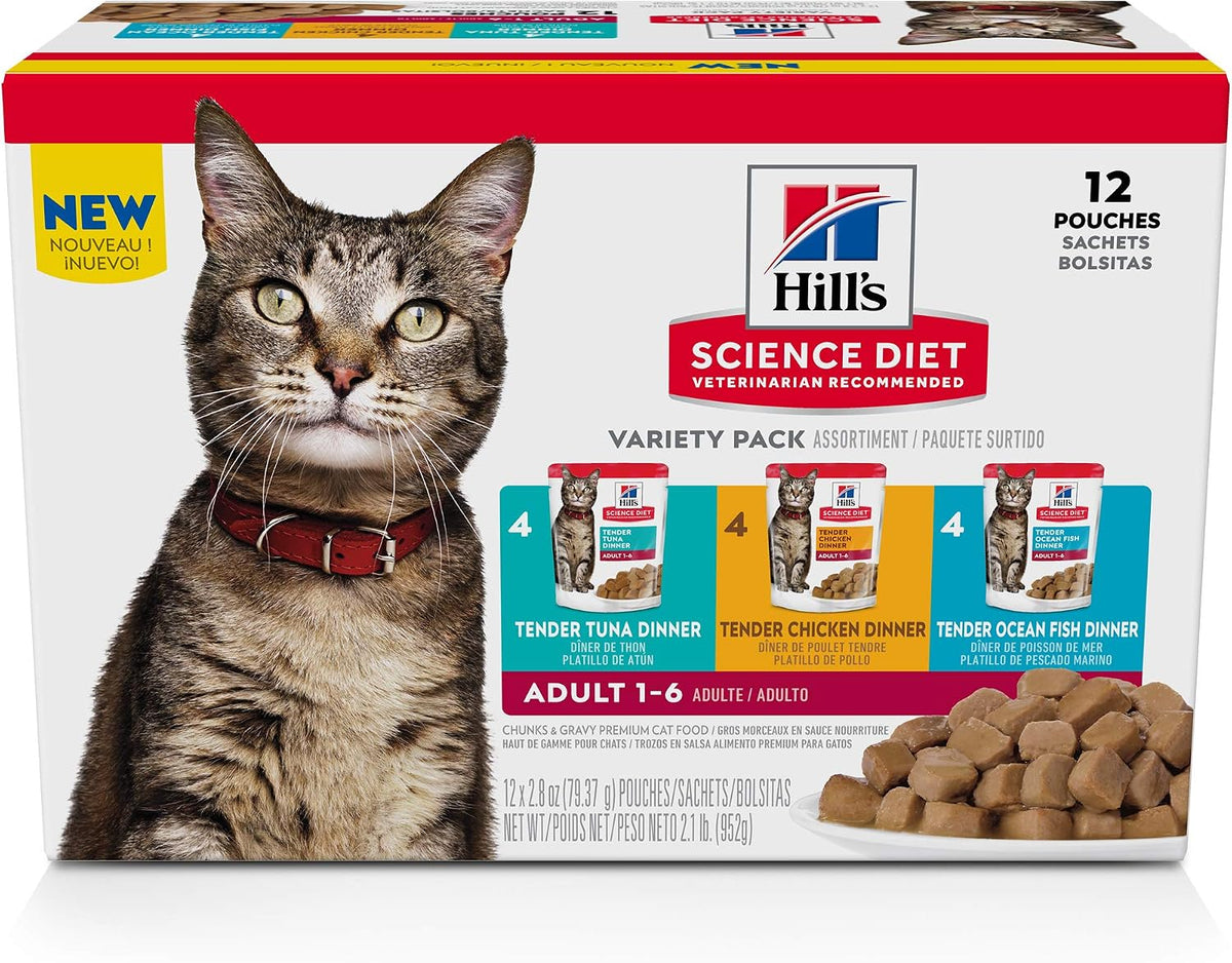 Hill's Science Diet Adult 1-6 Wet Cat Food Variety Pack, Chicken, Tuna, & Ocean Fish, 2.8 oz. Pouches, 12-Pack