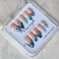 Luxury Handmade Press on Nails - Long Square White French Tips Press on Nail with Almond 3D Rhinestones, Flowers & Butterflies, Acrylic Multi-Layer Gel False Nails for Women (10Pcs Size M)