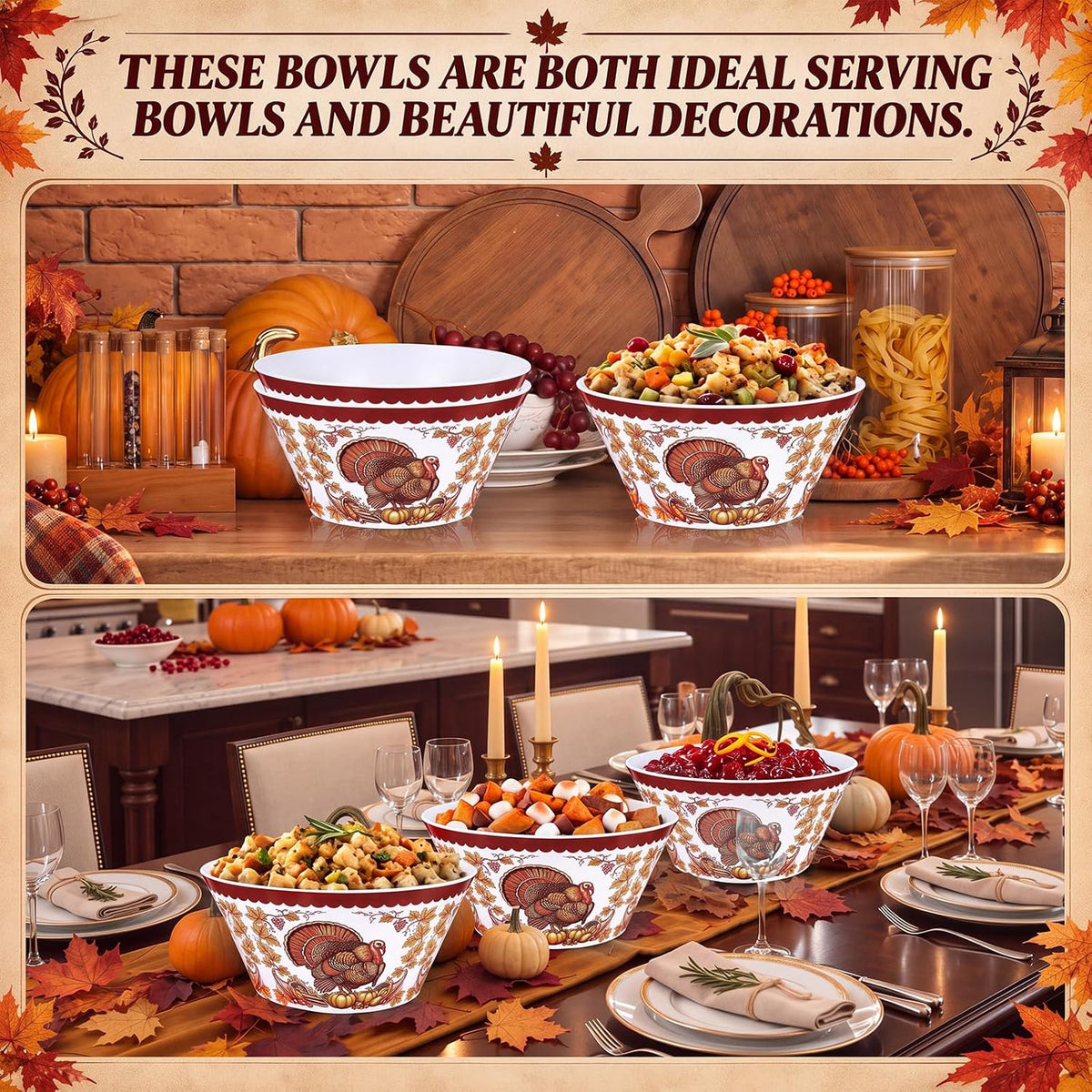 3 Pcs 10" Thanksgiving Serving Bowls, Turkey Print