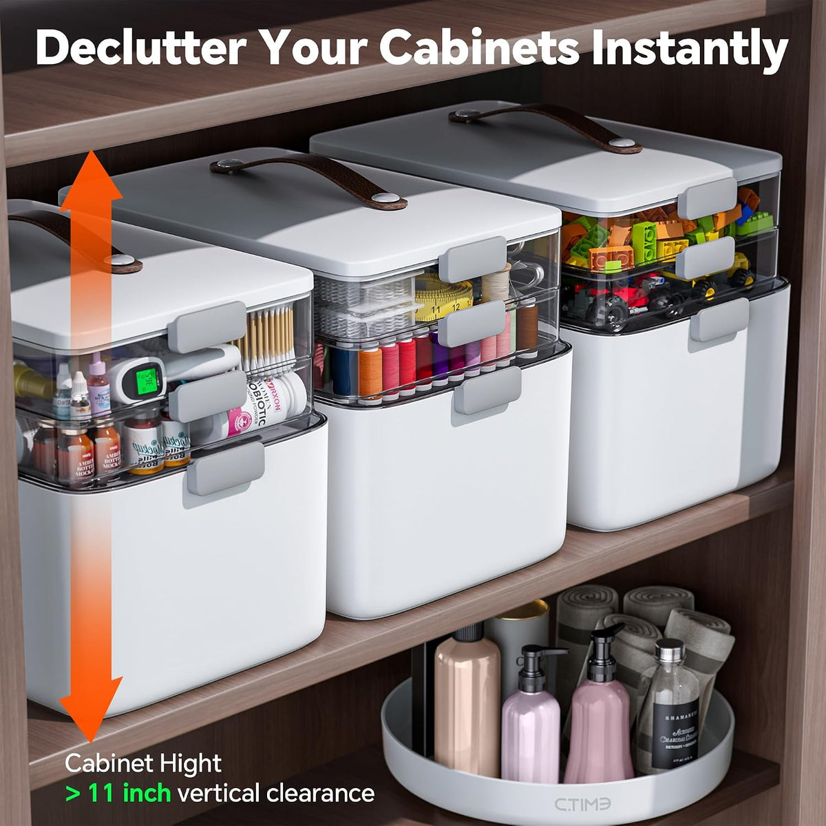 CTIME 3-Tier Medicine Organizer - Portable Medicine Cabinet with Handle | Multipurpose Medical Box, Pill Organizer, Empty First Aid Kit for Home