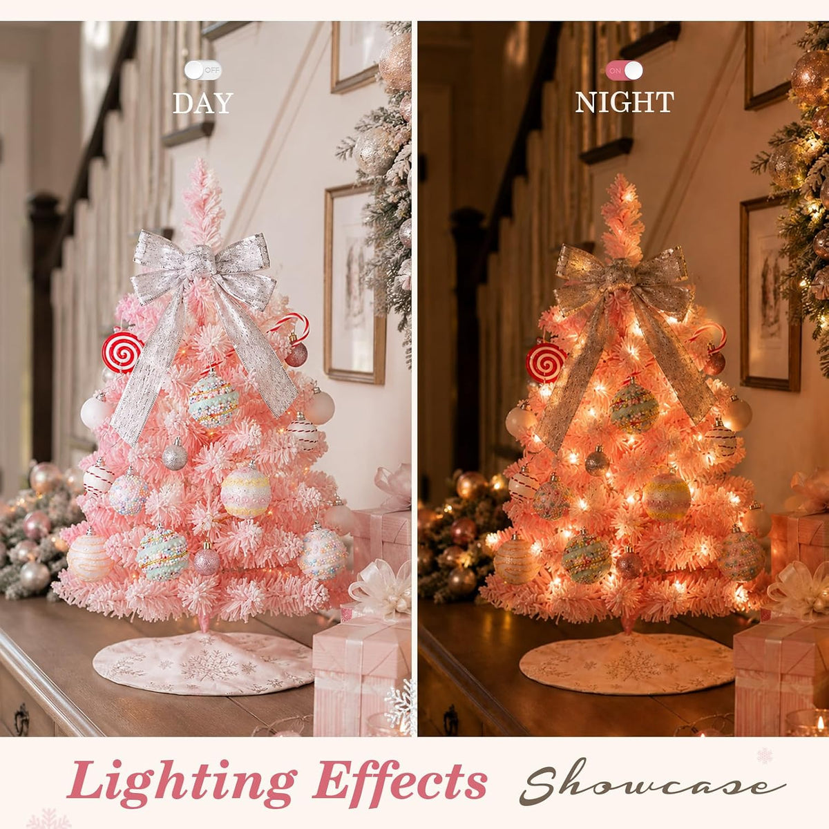 Mini Pink Christmas Tree with Lights, 2 Ft Small Table Top Christmas Tree