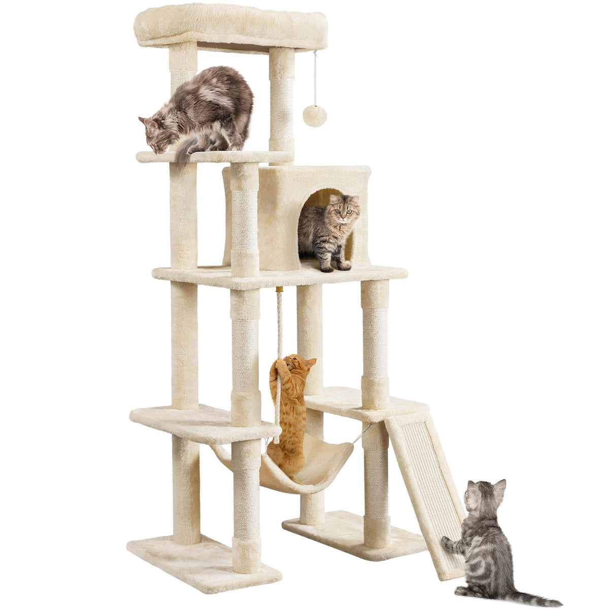 Yaheetech 63in Large Cat Tree for Heavy Cats up to 22lbs, Anti-Wobble Tower with Condo & Hammock, Space-Saving for Indoor Multi-Pet Households, Stops Furniture Scratching