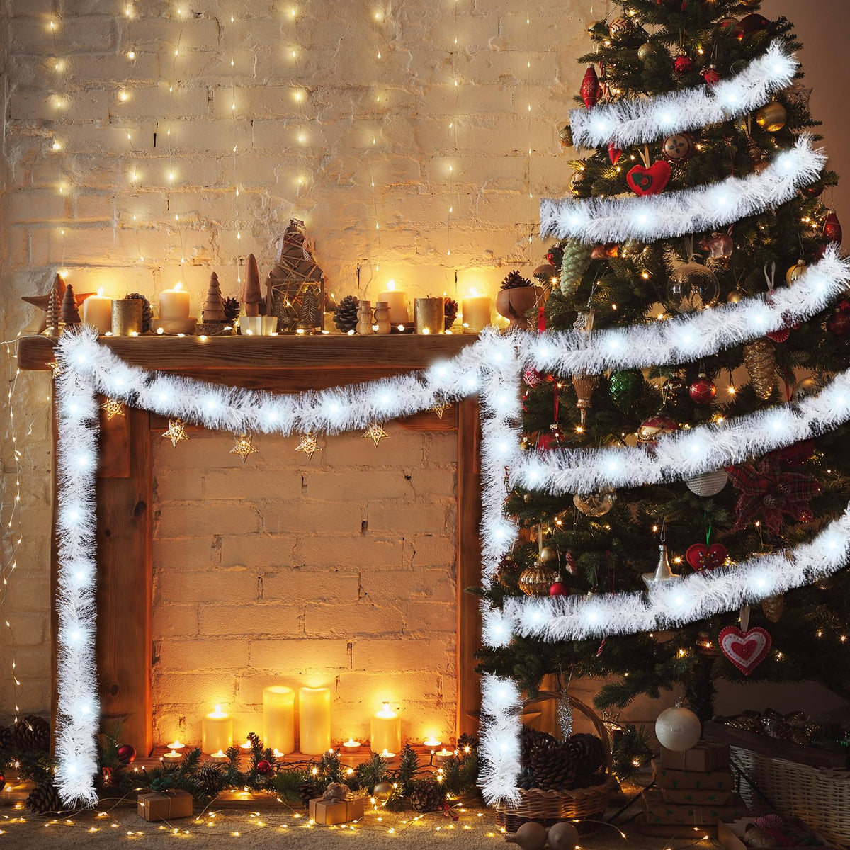 16.4 ft Christmas Tinsel Garland with Light, Multicolor, Red and Green