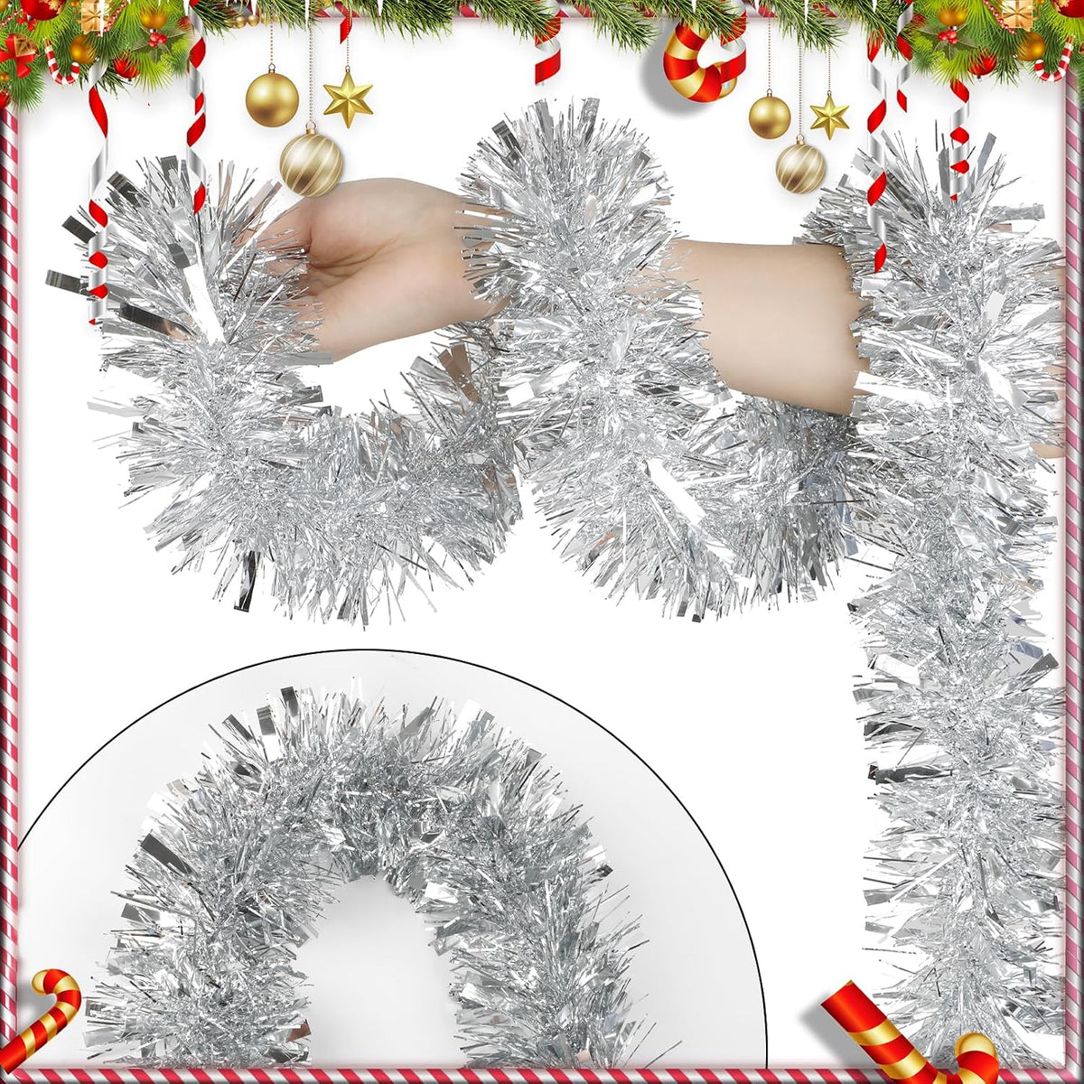 DECORA 33 Feet Silver Tinsel Garland, Christmas Metallic Hanging Tinsel Garland for Xmas Tree Home and Party Decoration