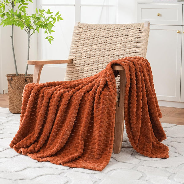 Puncuntex Burnt Orange Throw Blanket 50"×60" Fuzzy 3D Jacquard Decorative
