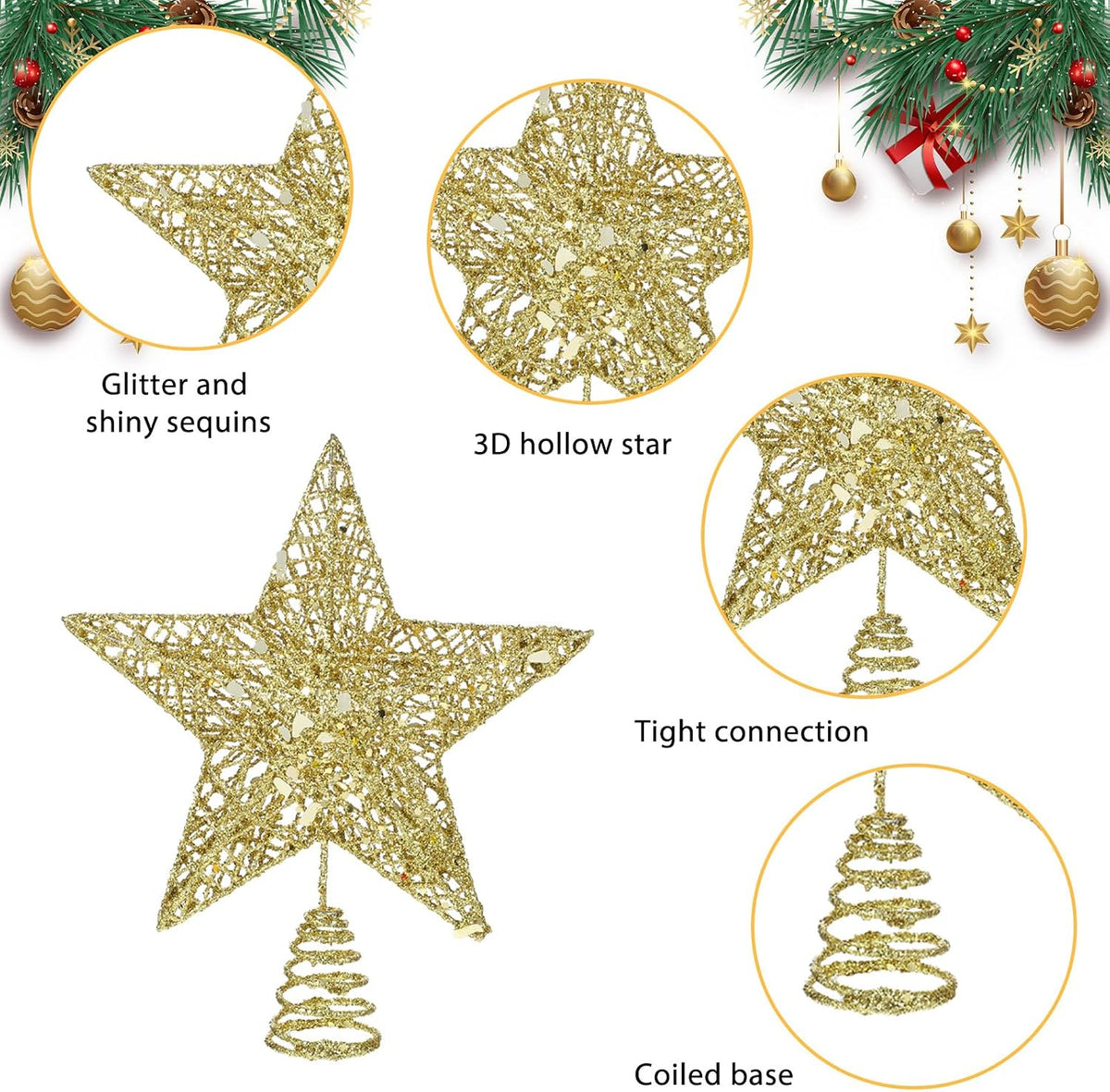 COMNICO Christmas Tree Topper Glittering Gold Hollow Small Star Mini Christmas Tree Decoration 5 Point Star Xmas Treetop Ornaments (15cm/5.9inches)