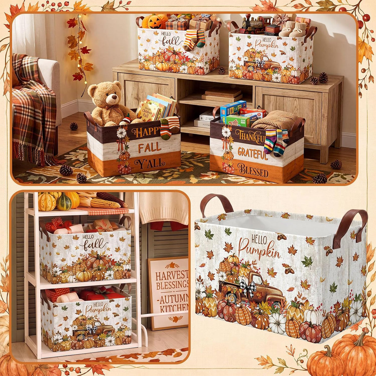 4 Pcs Thanksgiving Storage Basket Empty with Handles, Large Fabric