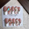 Luxury Handmade Press on Nails - Long Square White French Tips Press on Nail with Almond 3D Rhinestones, Flowers & Butterflies, Acrylic Multi-Layer Gel False Nails for Women (10Pcs Size M)