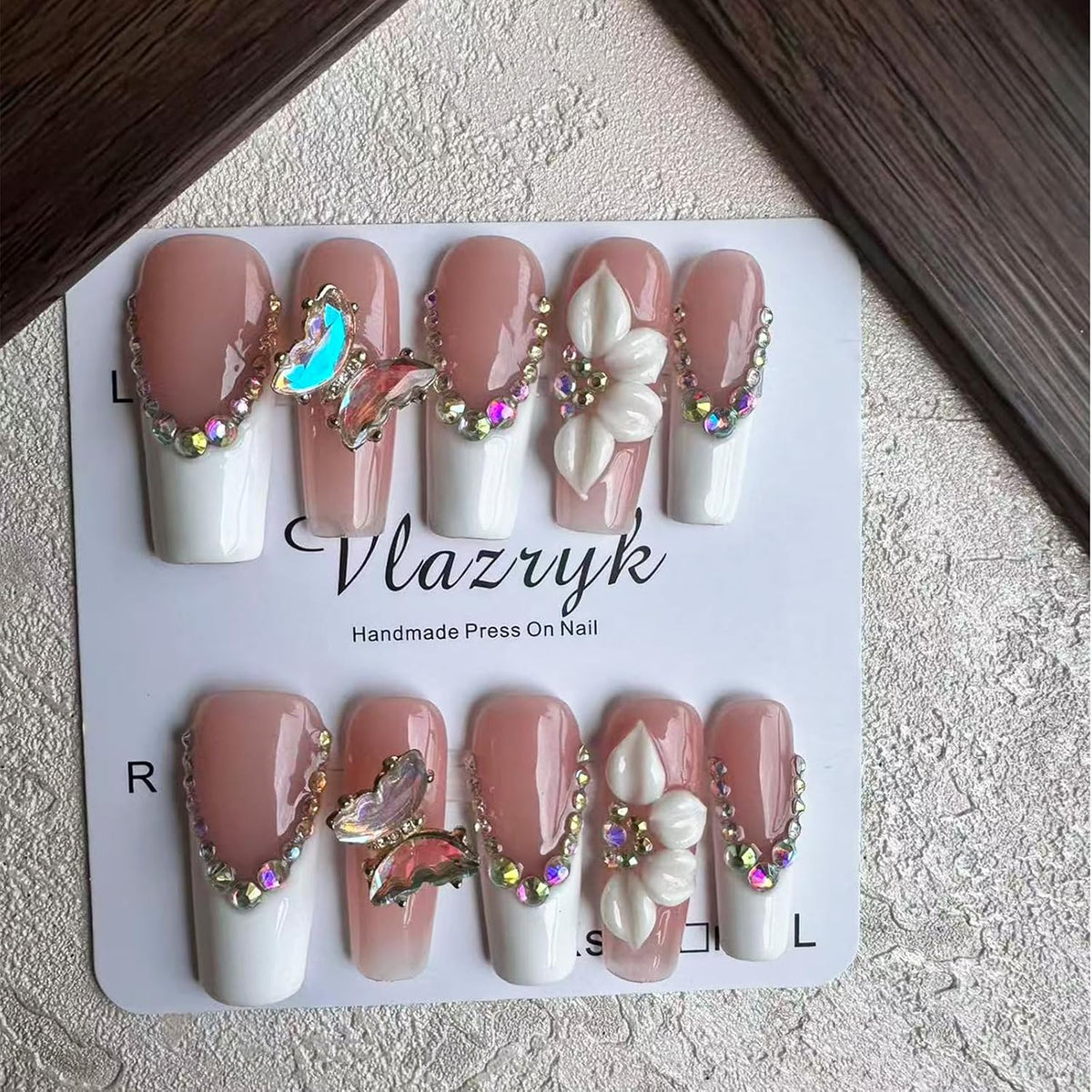 Luxury Handmade Press on Nails - Long Square White French Tips Press on Nail with Almond 3D Rhinestones, Flowers & Butterflies, Acrylic Multi-Layer Gel False Nails for Women (10Pcs Size M)