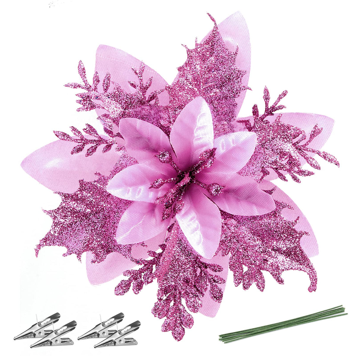 FurRain Christmas Poinsettia Artificial Flowers Decorations 5.5" Christmas Tree Wreaths Garland Decoration 12 Pcs Glitter Flowers Picks Decor for Xmas New Year Wedding Party Ornaments (Pink)