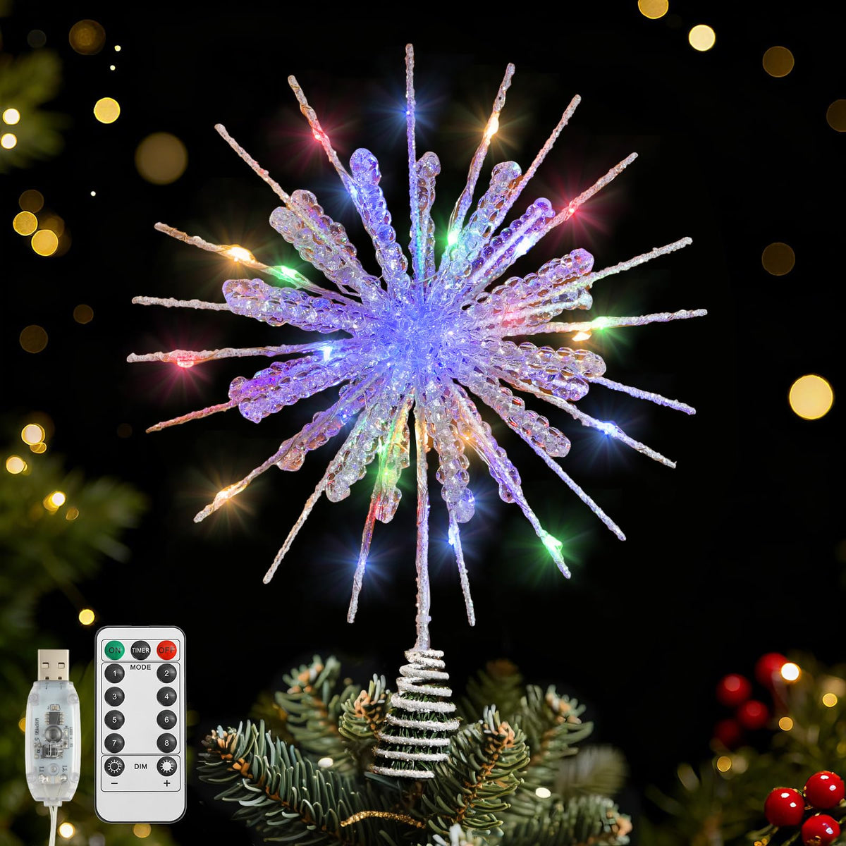 Lewondr Crystal Firework Christmas Tree Topper with Lights, Gold