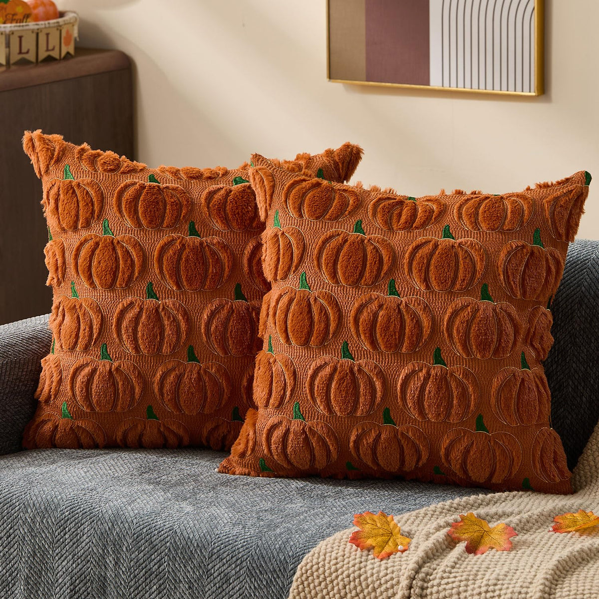 DFXSZ Fall Pillow Covers 18x18 2Pcs Rust Pumpkin Fall Decorations for Home | Fall decor Set of 2 Throw Pillow Cases Soft Plush Faux Fur Wool Couch Cushion for Chair Sofa Bedroom Living Room Home Decor