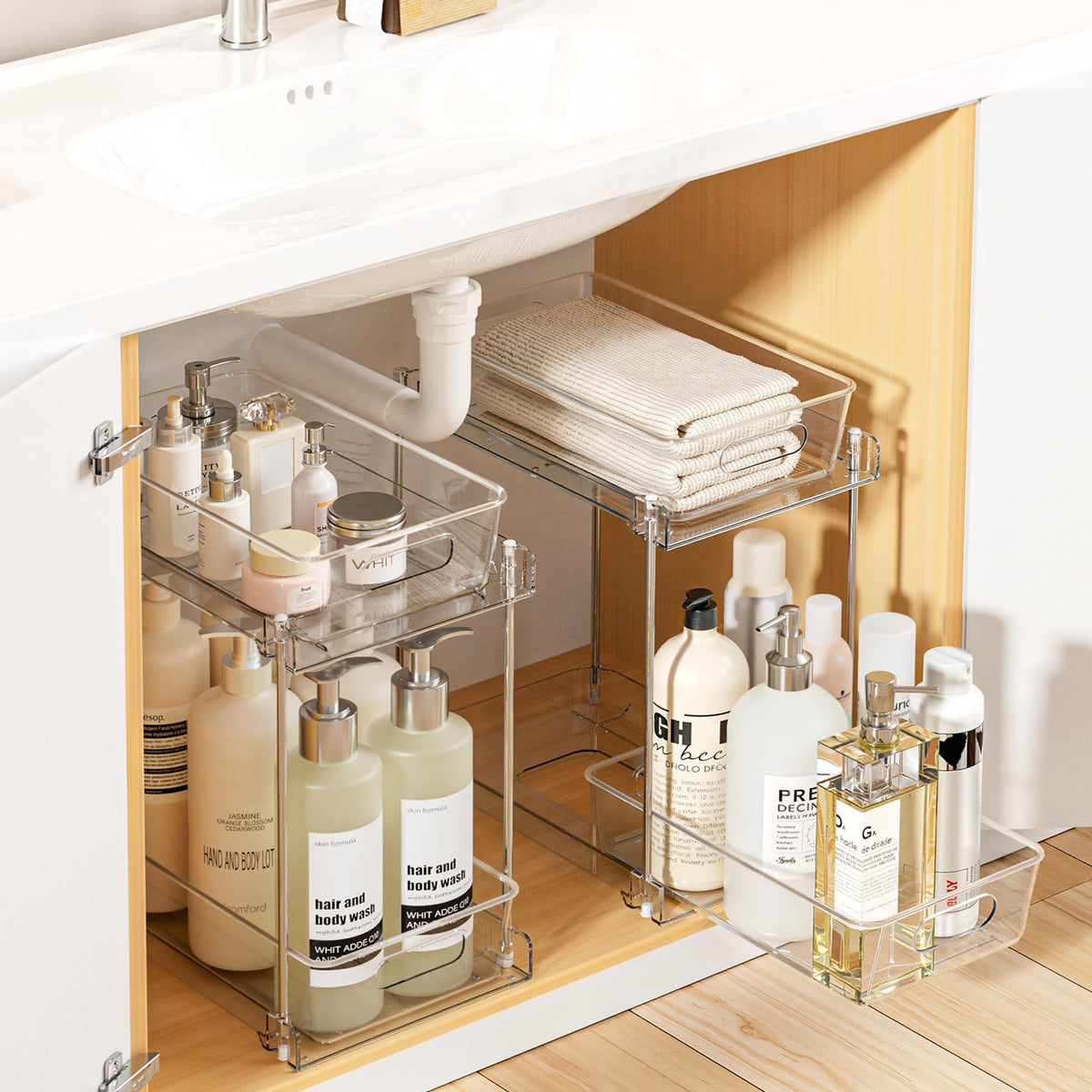 Vtopmart 4 Pack Pull Out Bathroom Under Sink Organizer (S-Standard) | Slide-out drawers, Multi-purpose storage, Clear visibility, Easy Set-up