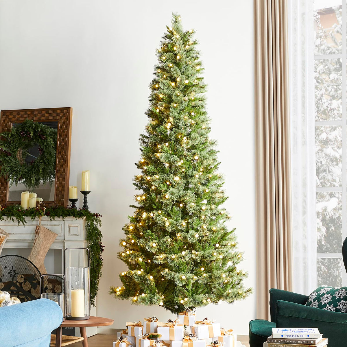 Glitzhome 15ft Prelit Artificial Christmas Tree, Vibrant Evergreen Fir with 5,000 Warm White/Multi-Color Chasing and Twinkling Lights, 13,459 PE&PVC Branch Tips, 9 Function w/Foot Pedal, Simple Setup