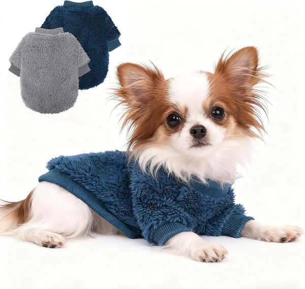 Cozy Pet Fleece Sweater, Double Velvet Winter Dog Clothes, Purple and Cream, Set of 2 (Navy Blue+Grey, X-Small)