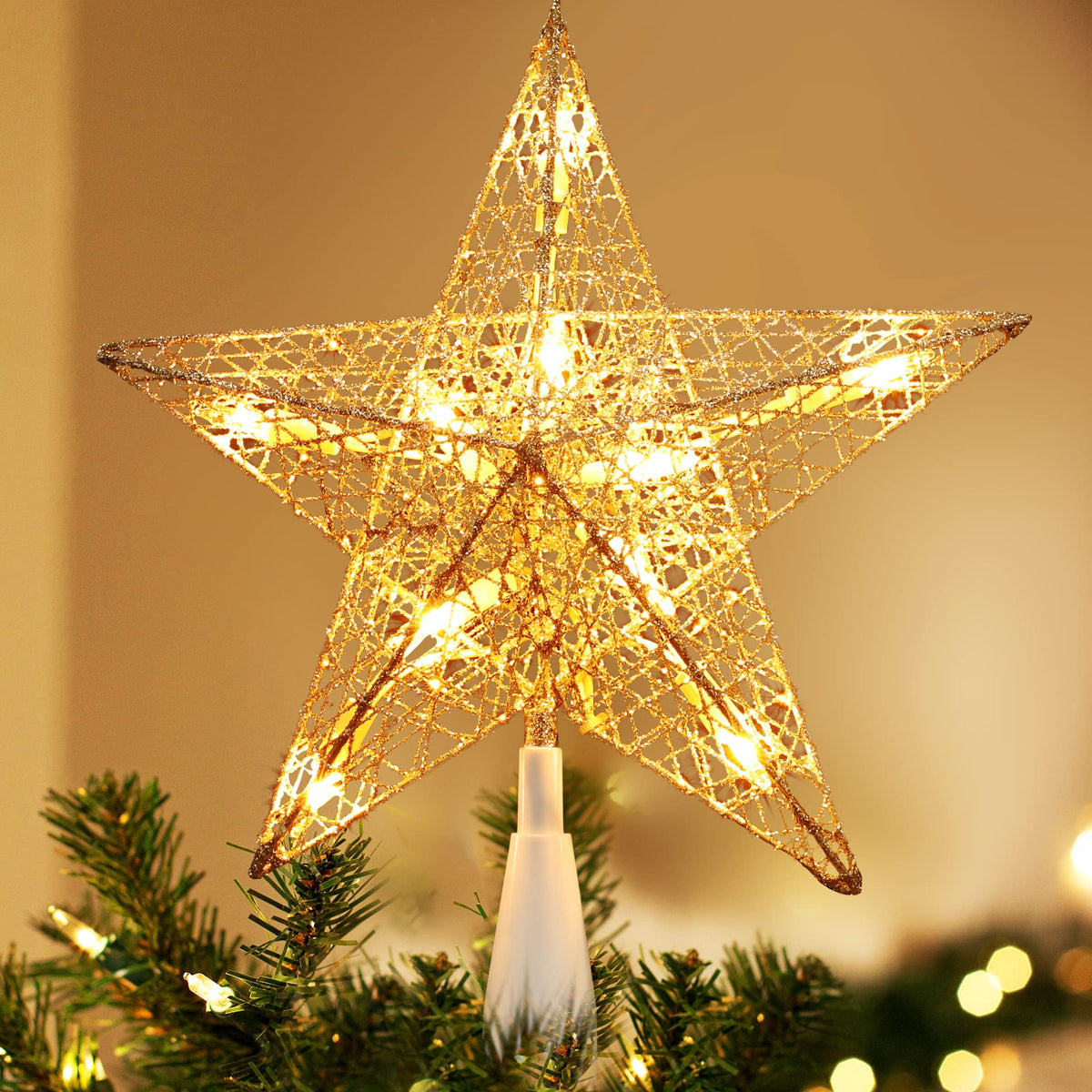 BrizLabs Gold Star Christmas Tree Topper, 8.5 in Lighted 5-Point Tree Star
