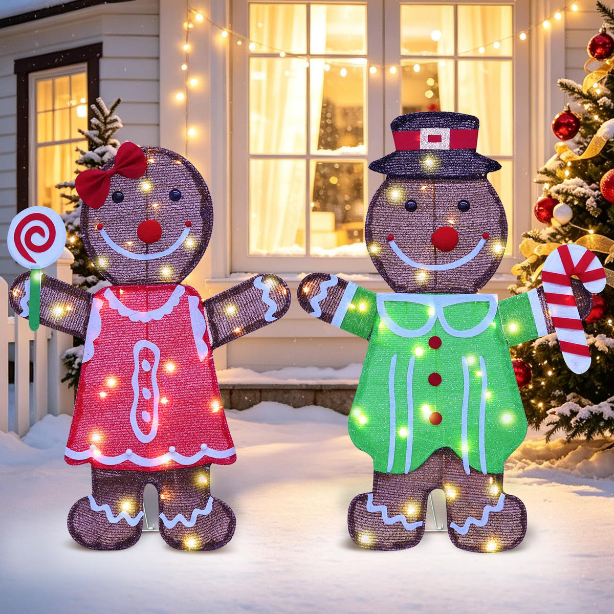 Lighted 2D Gingerbread Christmas Decorations, 2 Piece Gingerbread Man