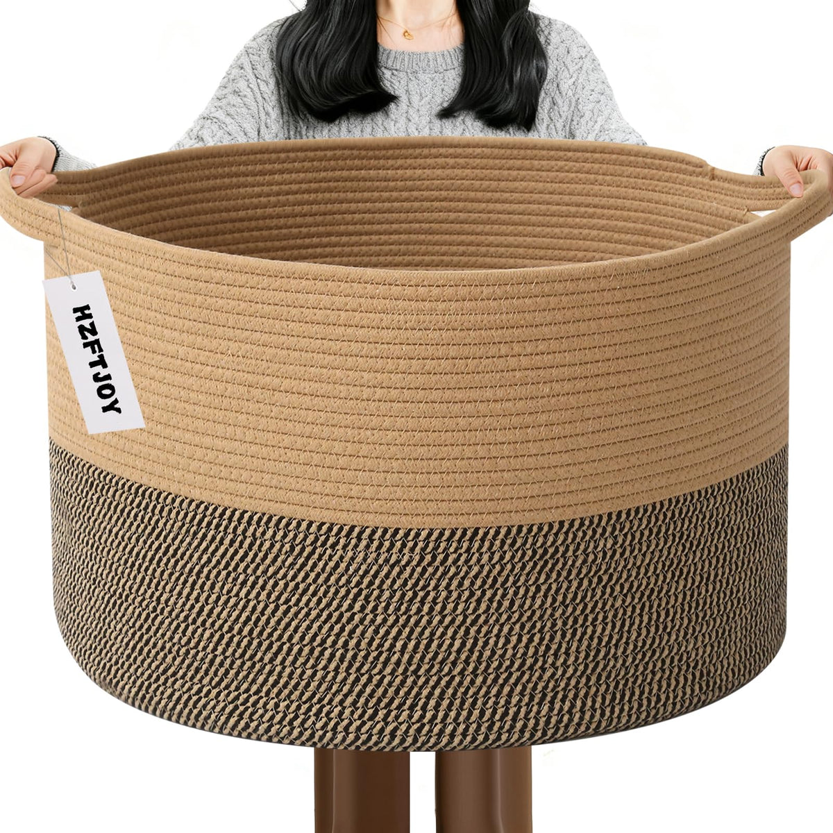 Large Woven Blanket Basket,65L Cotton Rope Laundry Basket Hamper with Handles, Decorative Nursery Basket Storage Bin for Toys, Clothes Organizer, Living Room, Bedroom, Bathroom, White & Brown