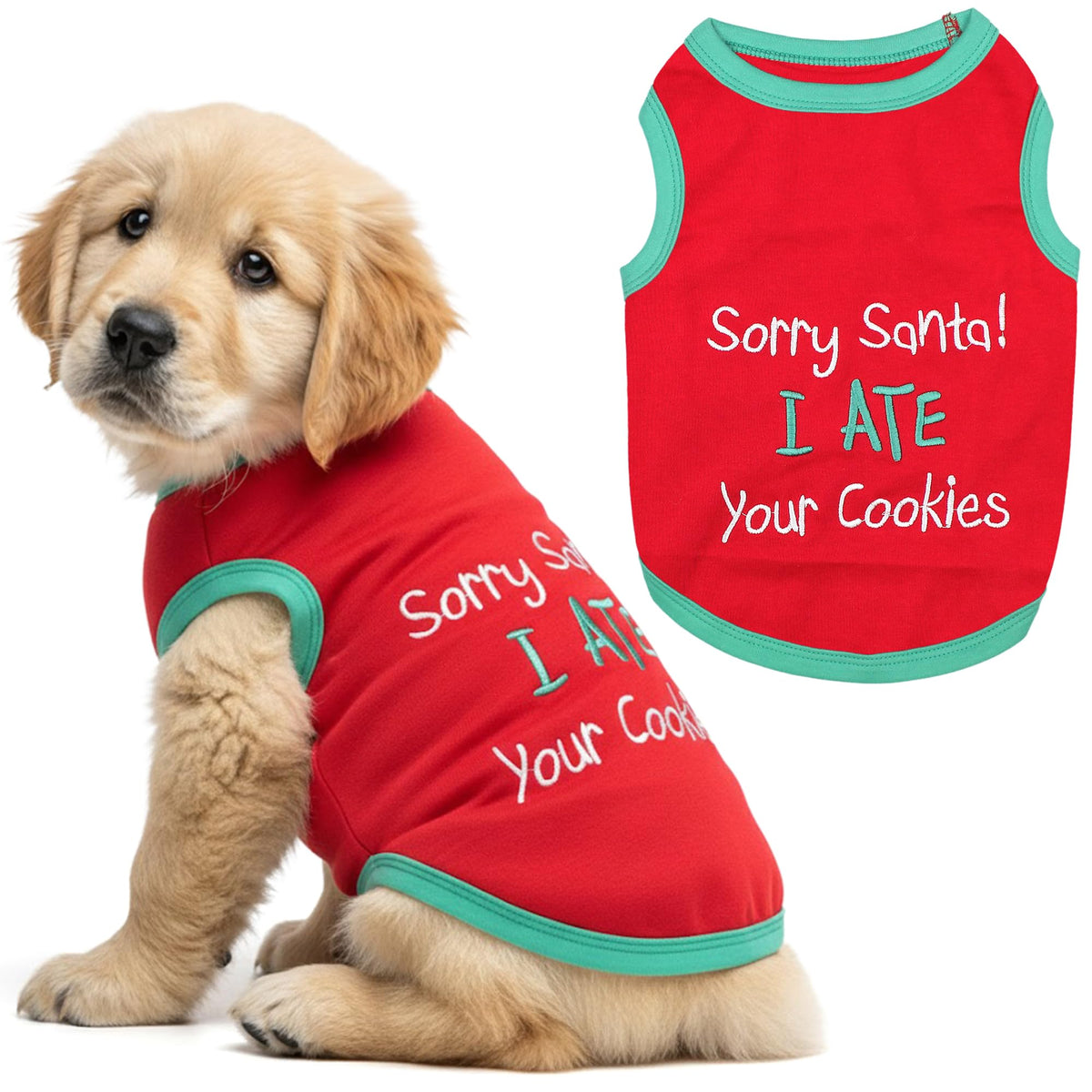 Parisian Pet Dog Tshirt - Embroidered “ Sorry Santa I Ate Your Cookies “ Dog Shirt - Lightweight Cotton Pet Christmas Outfit - Sleeveless Christmas Puppy Clothes - Shirts for Small Dogs - XXS