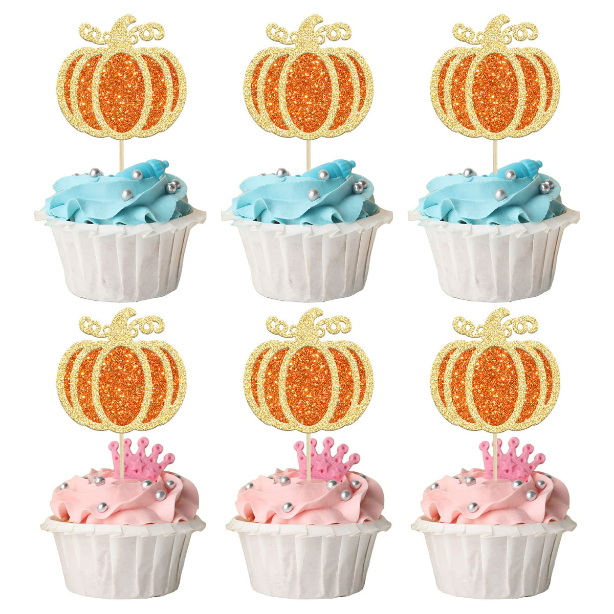 24pc Little Pumpkin Cupcake Toppers - Glitter Pumpkin Cupcake Picks - Baby Shower Decorations - Fall Harvest Theme - Kids Birthday Party Supplies