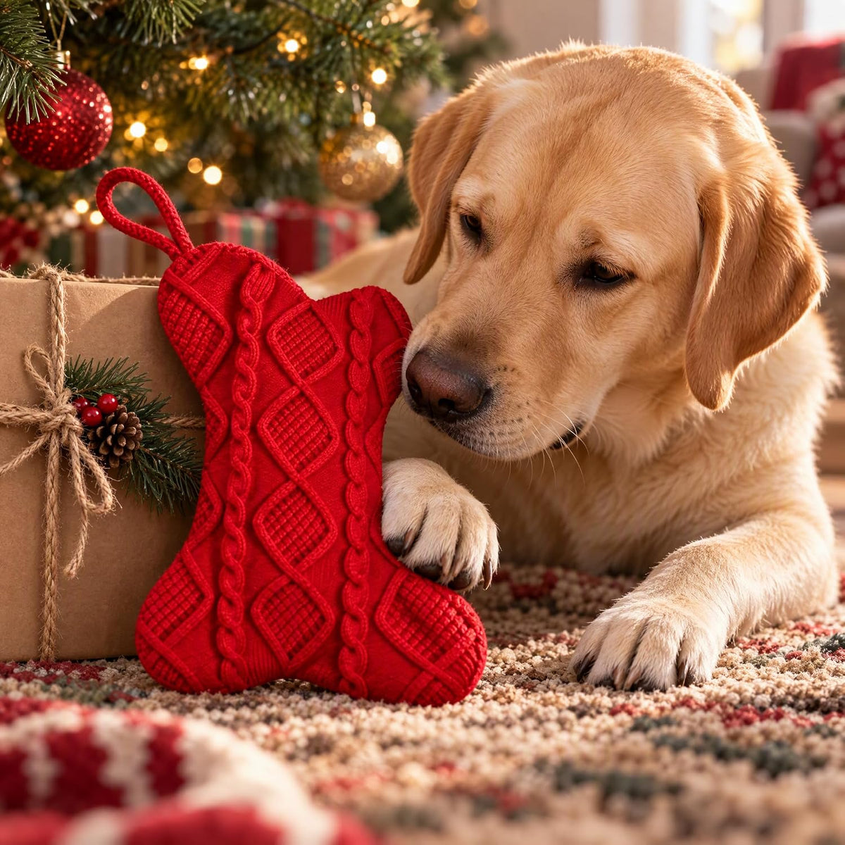Dog Christmas Stocking, Bone‑Shape Cable Knit Pet Xmas Stocking, 3 Pack