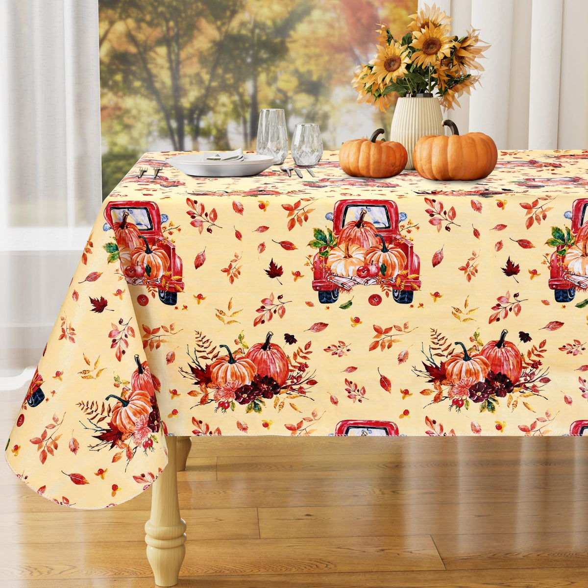 Rectangle Waterproof Vinyl Table Cloth, Wipeable Tablecloth with Flannel Backing, Plastic Table Cover for Fall, Thanksgiving (Pumpkin, 52" x 70")