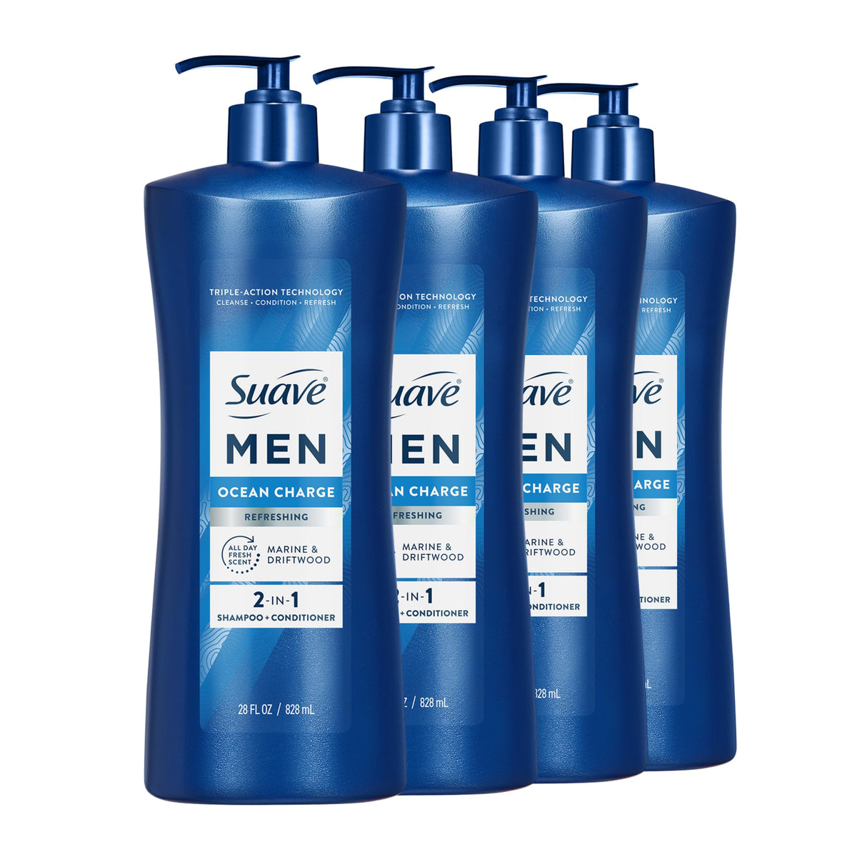 Suave Men Ocean Charge 2 in 1 Refreshing Shampoo & Conditioner with Pro Vitamin B5, Hydrates & Revitalizes Hair, Ocean Fresh Scent, 4 Count, 40 FL OZ Pump
