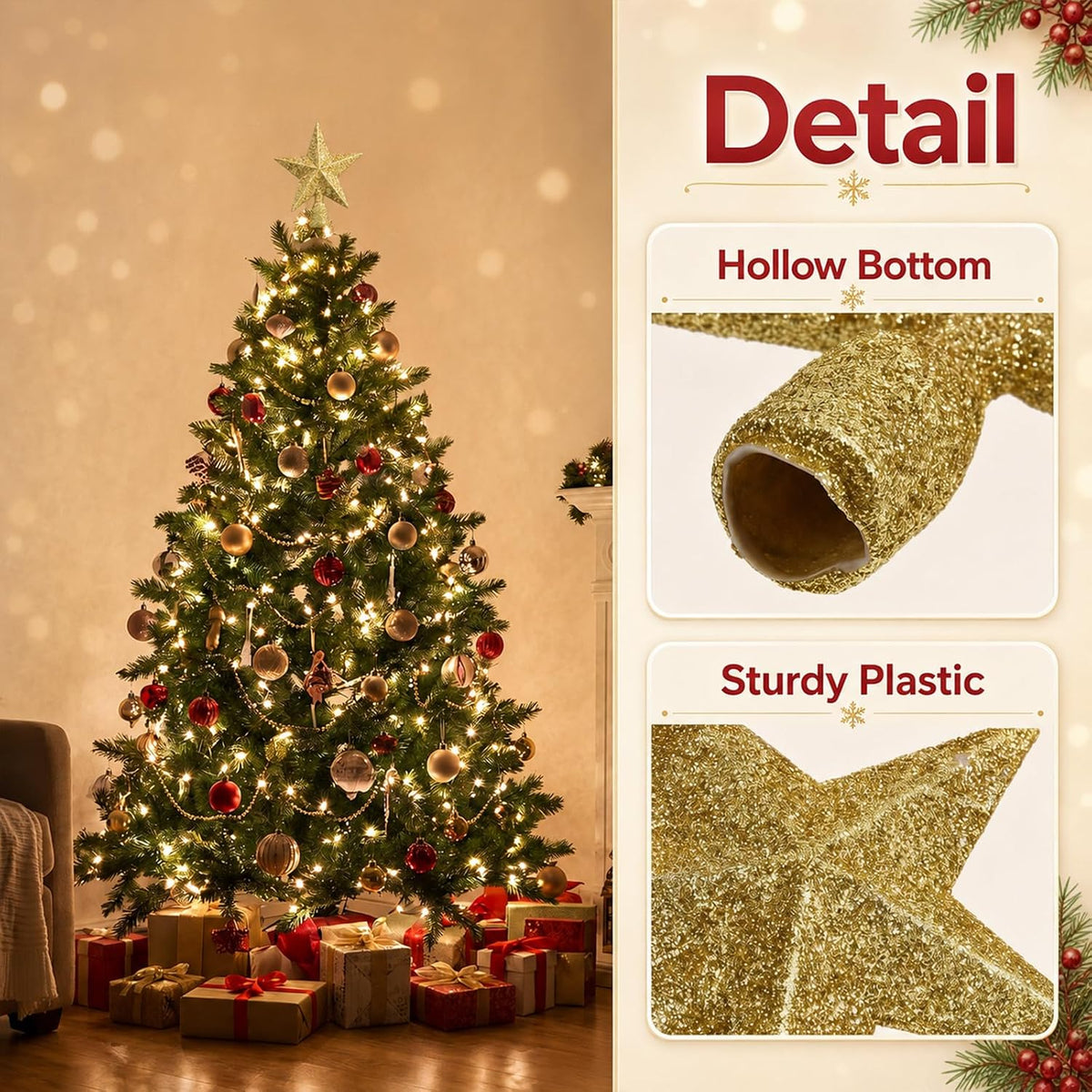 Christmas Tree Star Topper, 4 Inch Glitter Gold Star Mini Tree Topper