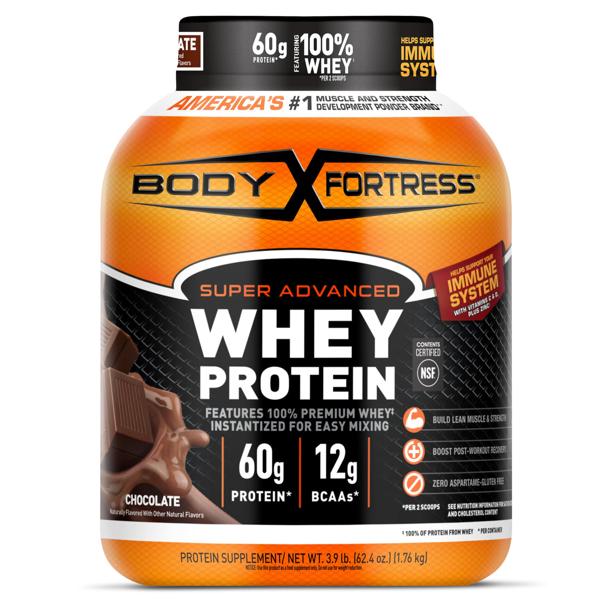 Body Fortress Super Advanced Whey Protein Powder, Gluten Free, Vanilla, Immune Support (1), Vitamins C & D Plus Zinc, 3.9 lbs.