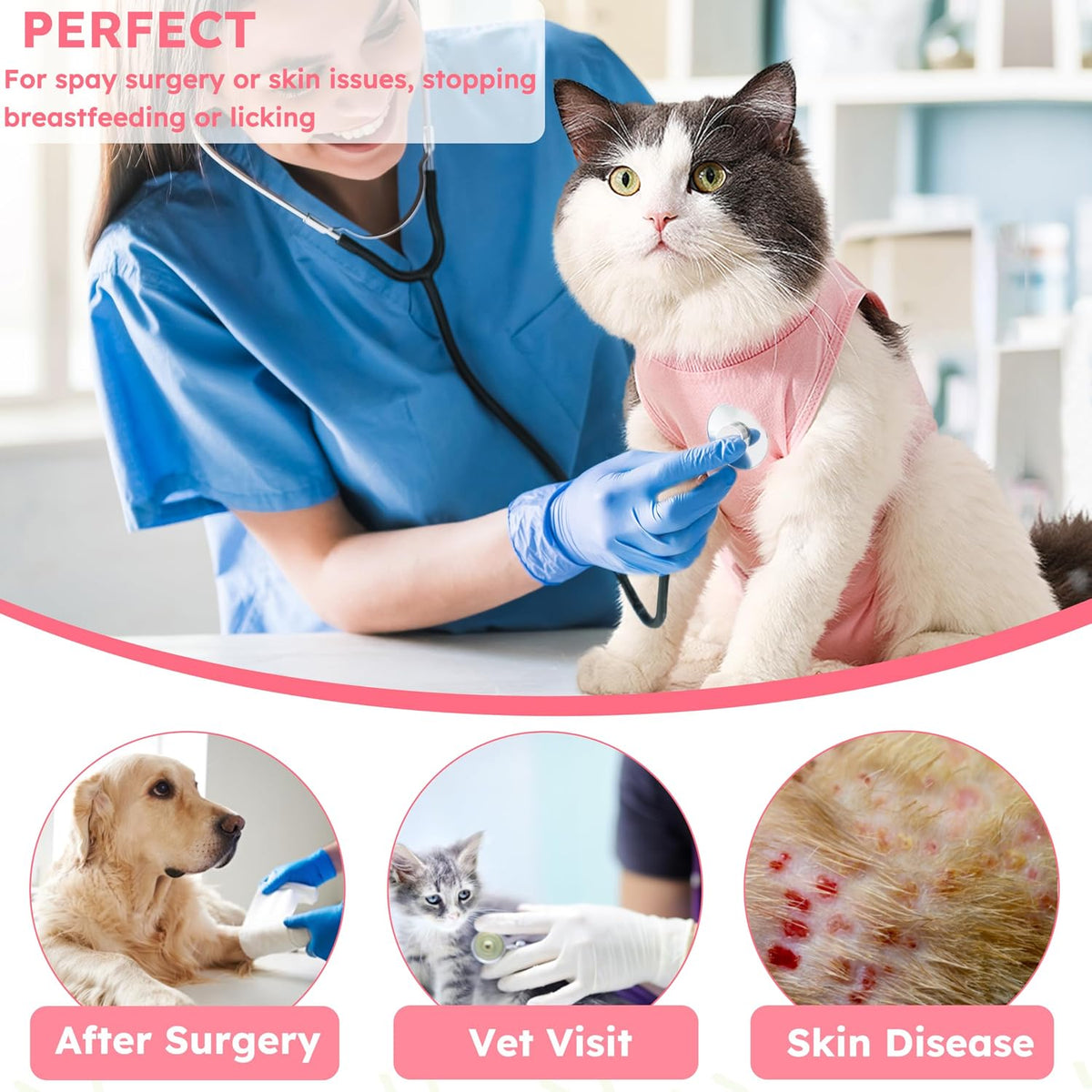 Hpetppy Cat Recovery Suit for Spay Abdominal Wounds, Kitten Onesie Bodysuit for Cats After Surgery, Cat Surgery Recovery Suit Female Cone of Shame Alternative for Cats Anti Licking (Pink,M)