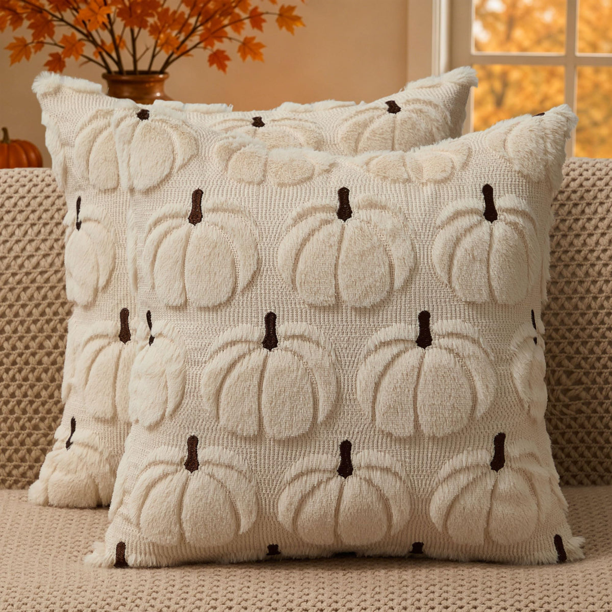 DFXSZ Fall Pillow Covers 18x18 2Pcs Rust Pumpkin Fall Decorations for Home | Fall decor Set of 2 Throw Pillow Cases Soft Plush Faux Fur Wool Couch Cushion for Chair Sofa Bedroom Living Room Home Decor
