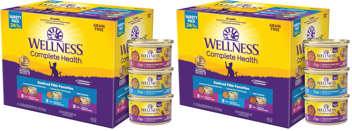 Wellness Complete Health Pate Variety Pack Adult Canned Wet Cat Food, Natural, Protein Rich, Grain Free, Seafood Favorites, 3 oz, Pack of 24 Cans