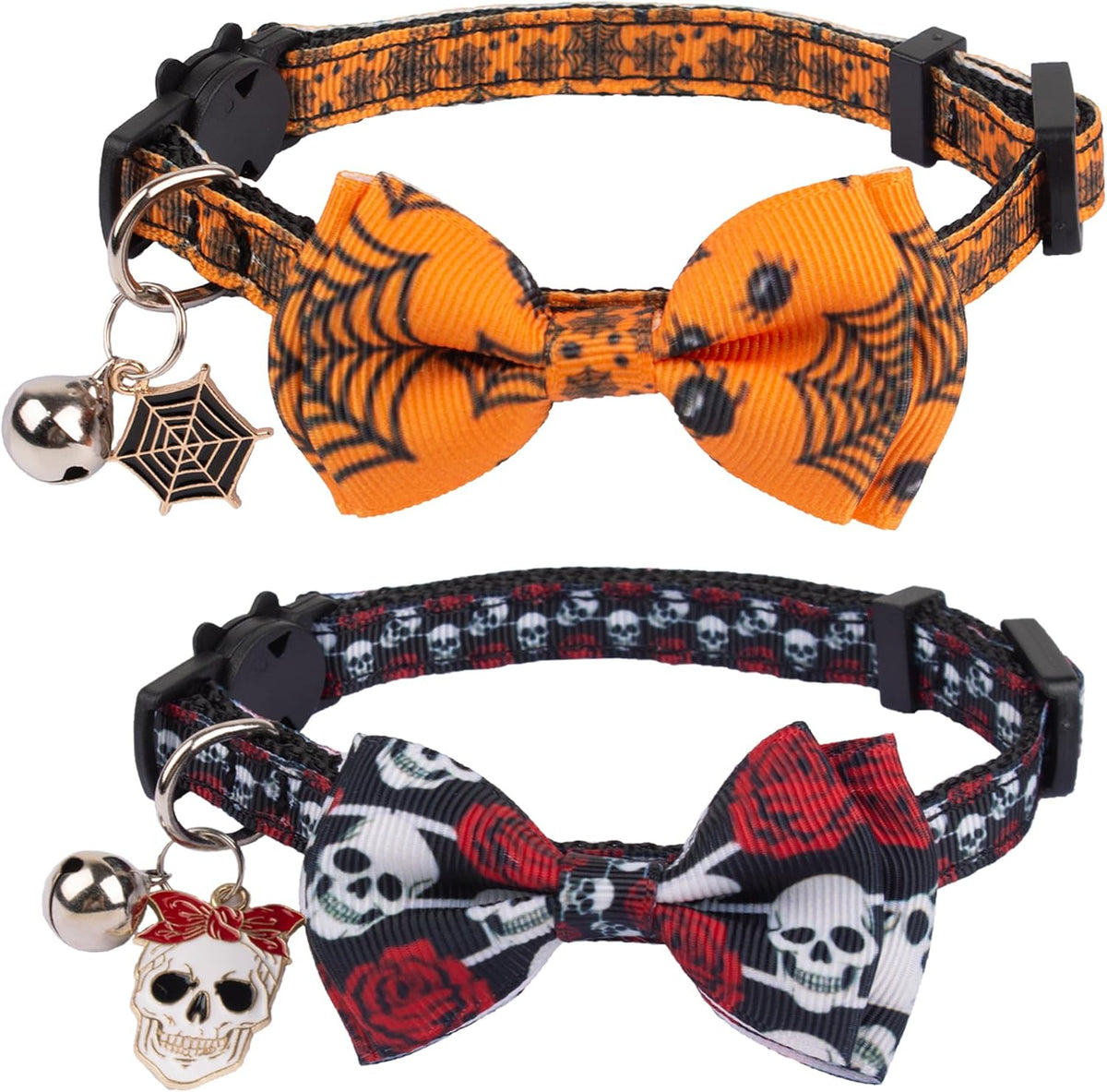 ADOGGYGO Halloween Cat Collar with Bow Bell, Skull Cat Bow Tie Collar