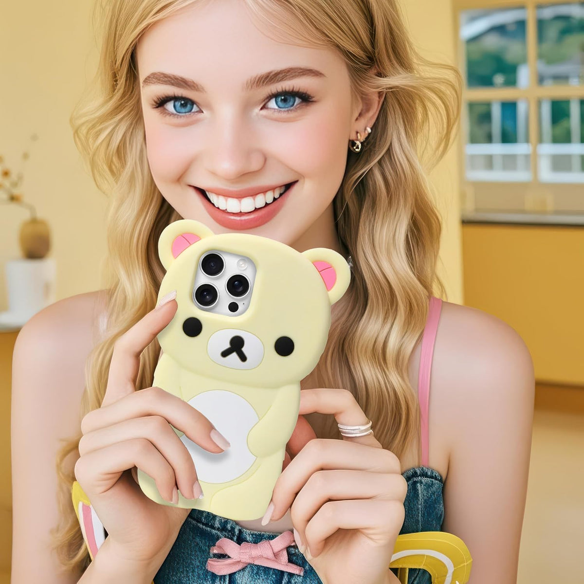 IAIYOXI Soft Silicone Bear Case for iPhone 15, Cute 3D Cartoon Teddy Bear Designed, Protective Lovely Fun Adorable Fashion Phone Case, Kawaii Cover for Women Girls Kids, Yellow