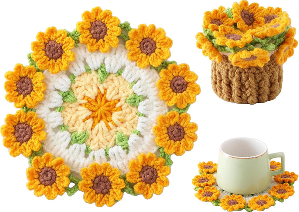 Crochet Flower Coasters, Handmade Bouquet Coasters with Crochet Plant Pot (Sunflower Yellow, 1Pc)