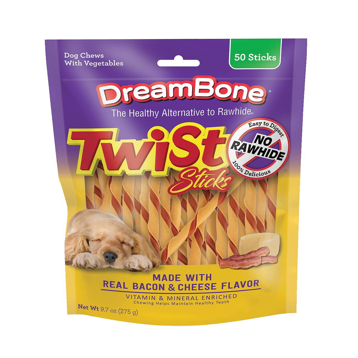 DreamBone Chicken Wrapped Twist Stick Dog Treats, Daily Rawhide-Free Chew, Digests Safely and Completely, With Real Protein, Chicken and Veggies, 50 count