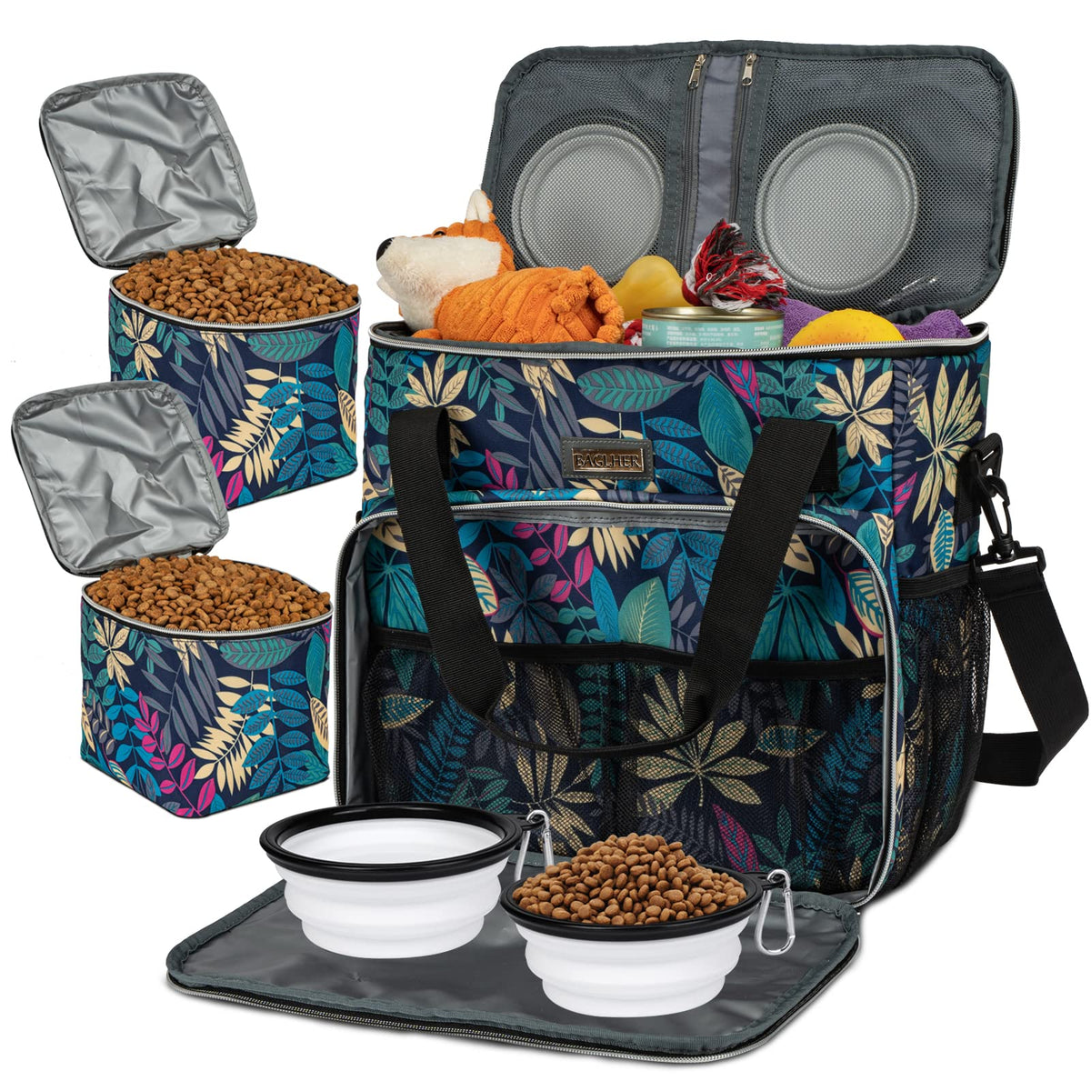BAGLHER Pet Travel Set Airline-Approved Carrier for Small/Medium Cats & Dogs + Travel Bag with Food Containers & Silicone Bowls, Grey & Green