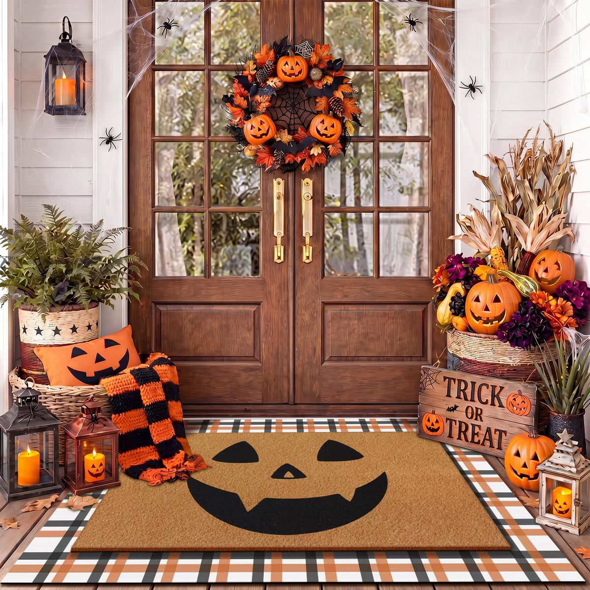 Tinideya 2 23.6 X 35.4 Inches Plaid Ghost Red Brown | Layered Coir Doormat Set, Non Slip Backing for Outdoor Entryway, Buffalo Plaid Seasonal Design, Front Porch Home Decor
