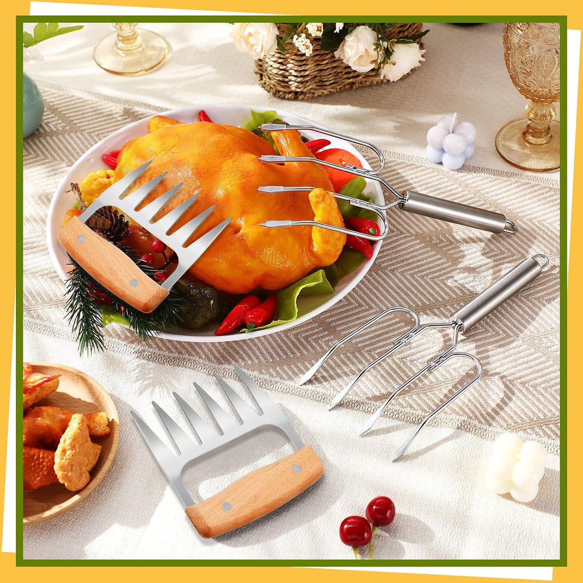 Sieral 4 Pcs Turkey Lifter Forks Meat Claws, Wooden, Classic