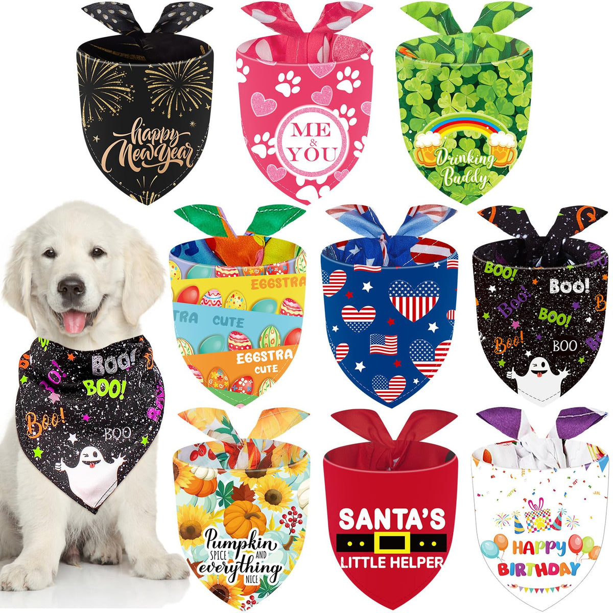 Weewooday 9 Pcs Holiday Dog Bandanas Halloween Trick or Treat Thanksgiving Christmas Bandanas Birthday Scarf Adjustable Large Pet Washable Scarves for Medium Boy Costume Supply